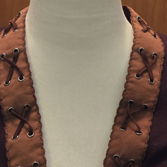 Krazy Kat Women XL Brown Open Cardigan Sweater Faux Leather Accent Trim Western - Picture 5 of 13